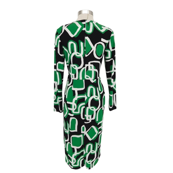 CATO Wrap Midi Dress Fern Green Retro Print Long Sleeve V Neck Tie Medium - Picture 4 of 7